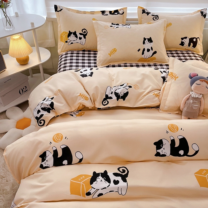 91家纺网 家纺一手货源 找家纺 港岛妹妹 2025年春夏新款芦荟棉印花四件套 奶牛猫