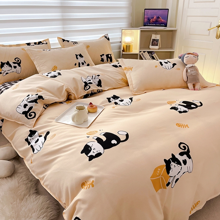 91家纺网 家纺一手货源 找家纺 港岛妹妹 2025年春夏新款芦荟棉印花四件套 奶牛猫