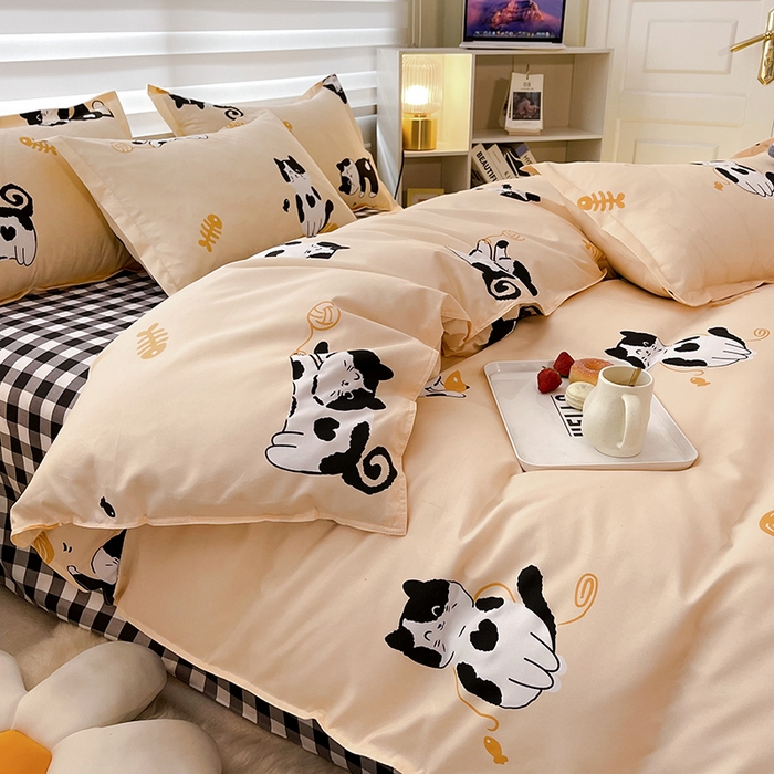 91家纺网 家纺一手货源 找家纺 港岛妹妹 2025年春夏新款芦荟棉印花四件套 奶牛猫