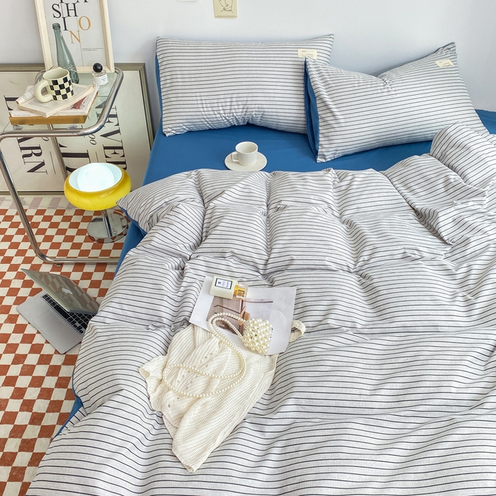 91家纺网 家纺一手货源 找家纺 雅阁尔家纺2025新款无印良品风棋盘格贴标四件套 白条蓝