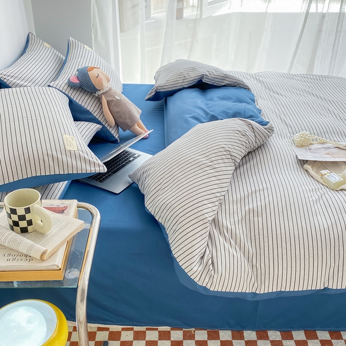 91家纺网 家纺一手货源 找家纺 雅阁尔家纺2025新款无印良品风棋盘格贴标四件套 白条蓝