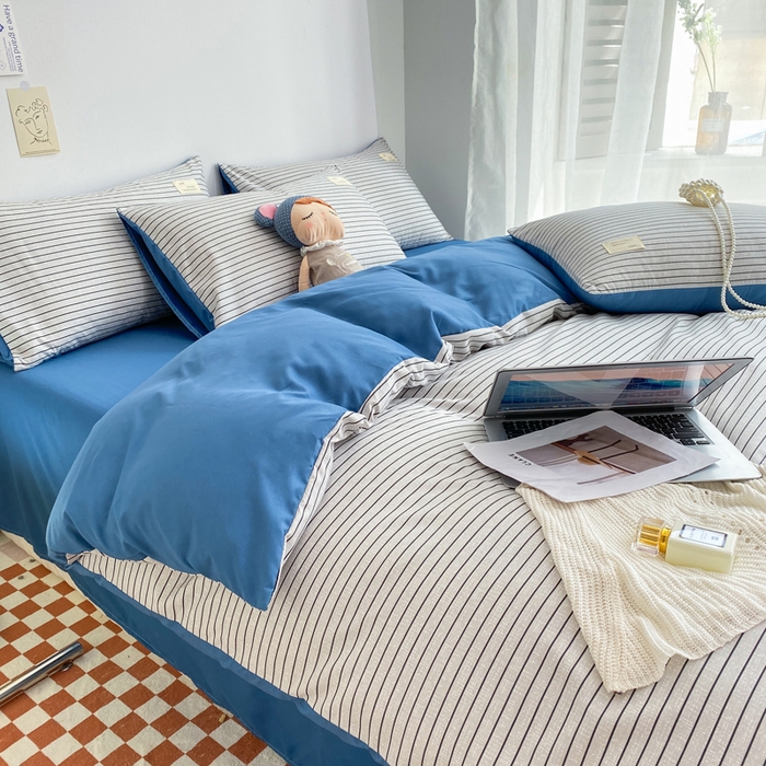 91家纺网 家纺一手货源 找家纺 雅阁尔家纺2025新款无印良品风棋盘格贴标四件套 白条蓝