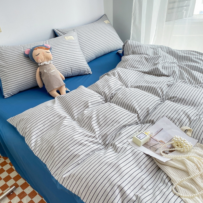 91家纺网 家纺一手货源 找家纺 雅阁尔家纺2025新款无印良品风棋盘格贴标四件套 白条蓝