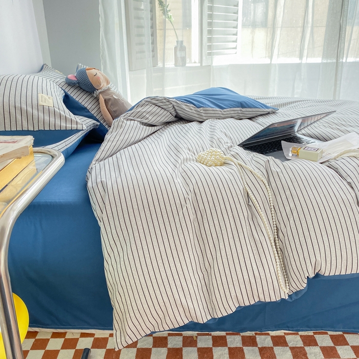 91家纺网 家纺一手货源 找家纺 雅阁尔家纺2025新款无印良品风棋盘格贴标四件套 白条蓝