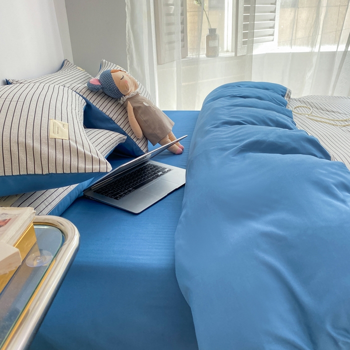 91家纺网 家纺一手货源 找家纺 雅阁尔家纺2025新款无印良品风棋盘格贴标四件套 白条蓝