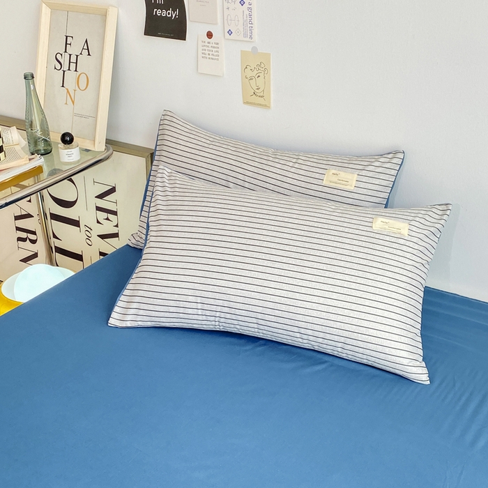 91家纺网 家纺一手货源 找家纺 雅阁尔家纺2025新款无印良品风棋盘格贴标四件套 白条蓝