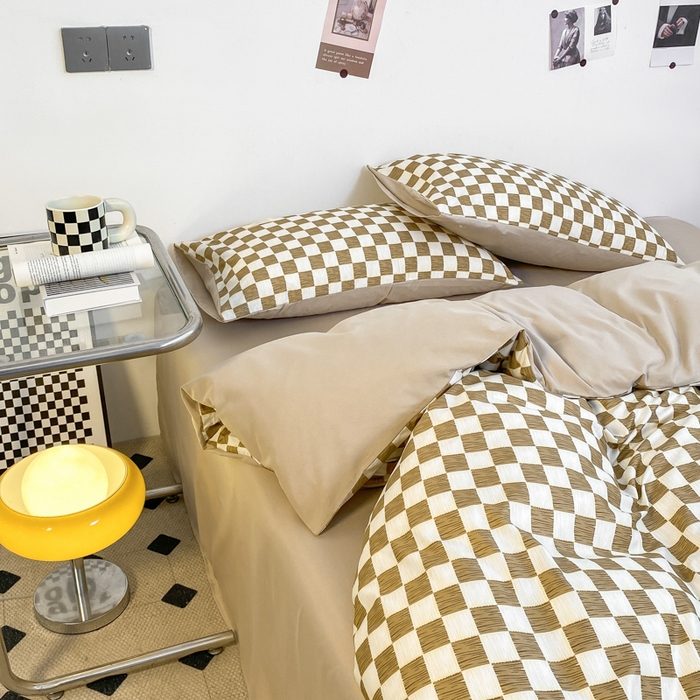 91家纺网 家纺一手货源 找家纺 雅阁尔家纺2025新款无印良品风棋盘格贴标四件套 布丁奶茶色