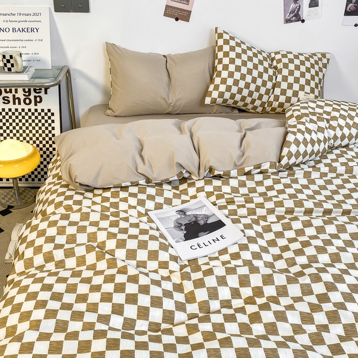 91家纺网 家纺一手货源 找家纺 雅阁尔家纺2025新款无印良品风棋盘格贴标四件套 布丁奶茶色