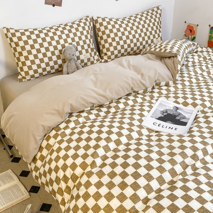 雅阁尔家纺2025新款无印良品风棋盘格贴标四件套 布丁奶茶色