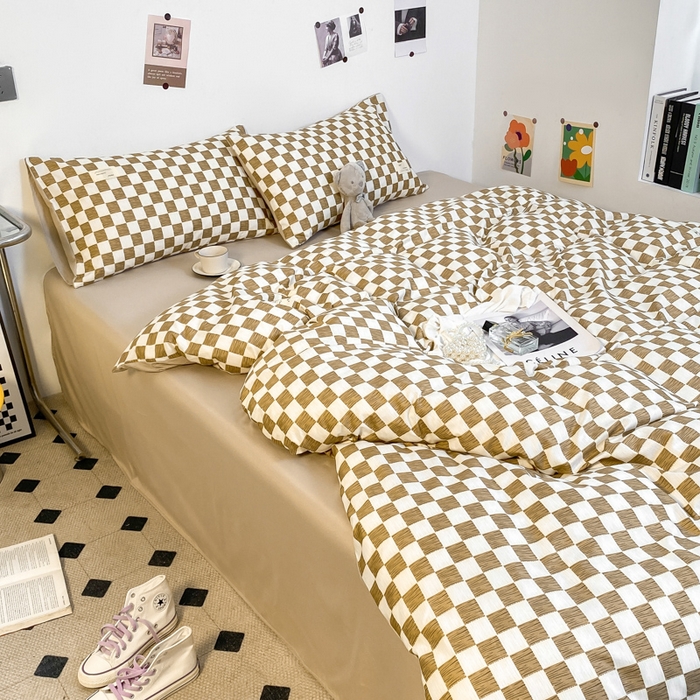 91家纺网 家纺一手货源 找家纺 雅阁尔家纺2025新款无印良品风棋盘格贴标四件套 布丁奶茶色