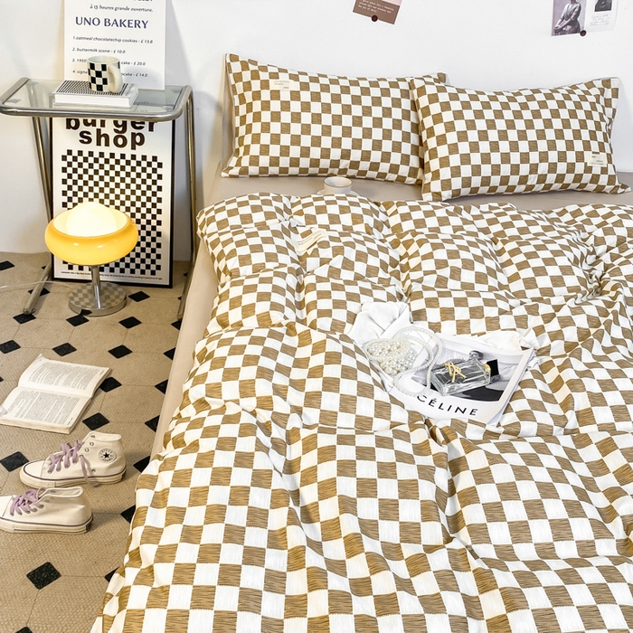 91家纺网 家纺一手货源 找家纺 雅阁尔家纺2025新款无印良品风棋盘格贴标四件套 布丁奶茶色
