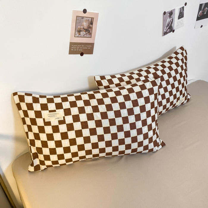 91家纺网 家纺一手货源 找家纺 雅阁尔家纺2025新款无印良品风棋盘格贴标四件套 复古咖