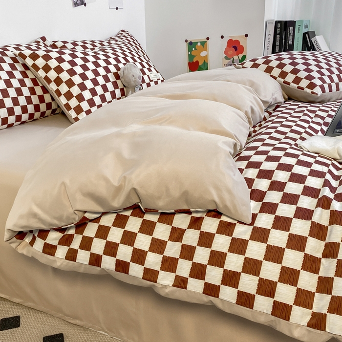 雅阁尔家纺2025新款无印良品风棋盘格贴标四件套 复古咖