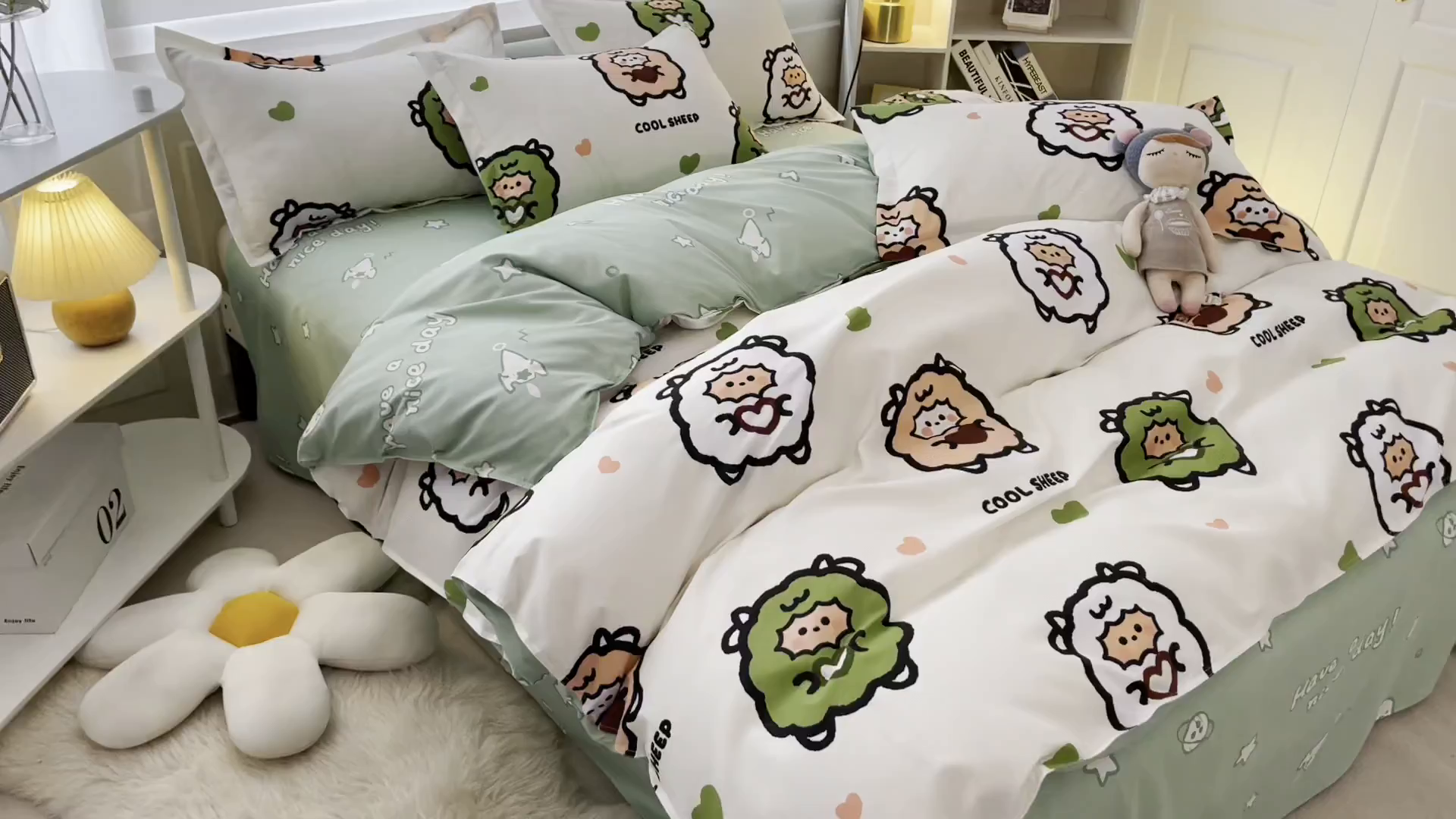 91家纺网 家纺一手货源 找家纺 港岛妹妹 2025年春夏新款芦荟棉印花四件套 羊咩咩