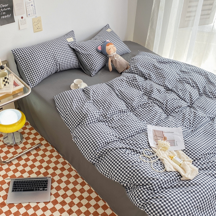 91家纺网 家纺一手货源 找家纺 雅阁尔家纺2025新款无印良品风棋盘格贴标四件套 黑白小格