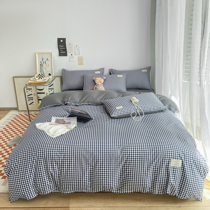 91家纺网 家纺一手货源 找家纺 雅阁尔家纺2025新款无印良品风棋盘格贴标四件套 黑白小格