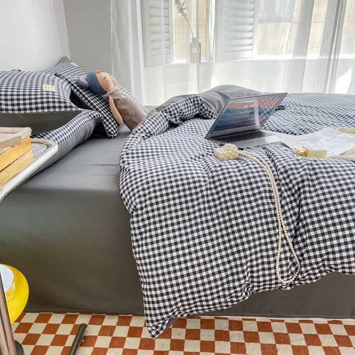 91家纺网 家纺一手货源 找家纺 雅阁尔家纺2025新款无印良品风棋盘格贴标四件套 黑白小格