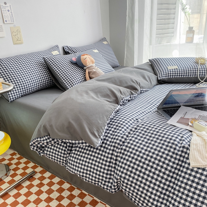 91家纺网 家纺一手货源 找家纺 雅阁尔家纺2025新款无印良品风棋盘格贴标四件套 黑白小格