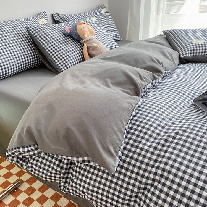 雅阁尔家纺2025新款无印良品风棋盘格贴标四件套 黑白小格