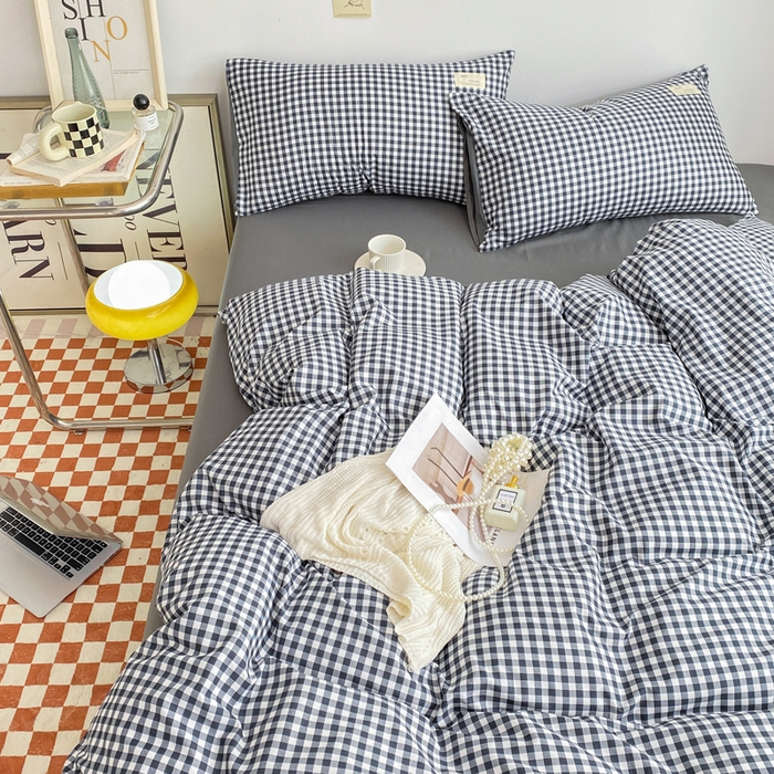 91家纺网 家纺一手货源 找家纺 雅阁尔家纺2025新款无印良品风棋盘格贴标四件套 黑白小格