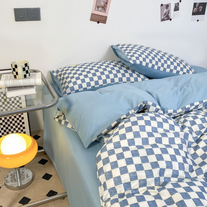 91家纺网 家纺一手货源 找家纺 雅阁尔家纺2025新款无印良品风棋盘格贴标四件套 琥珀蓝