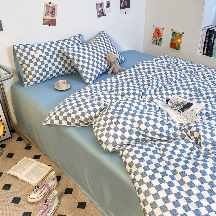 91家纺网 家纺一手货源 找家纺 雅阁尔家纺2025新款无印良品风棋盘格贴标四件套 琥珀蓝