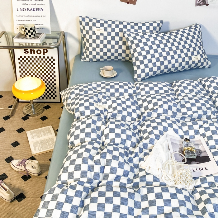 91家纺网 家纺一手货源 找家纺 雅阁尔家纺2025新款无印良品风棋盘格贴标四件套 琥珀蓝