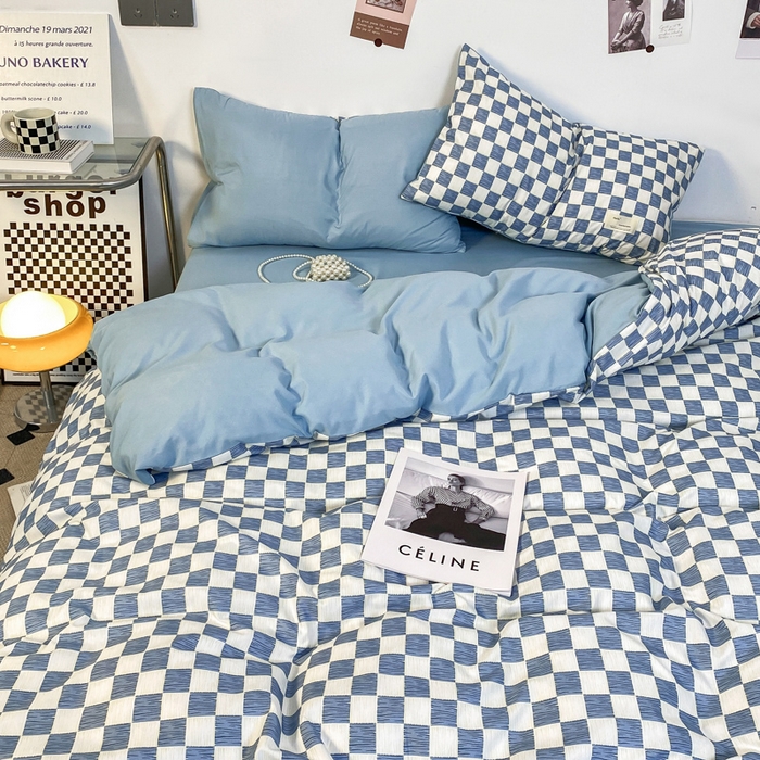 91家纺网 家纺一手货源 找家纺 雅阁尔家纺2025新款无印良品风棋盘格贴标四件套 琥珀蓝