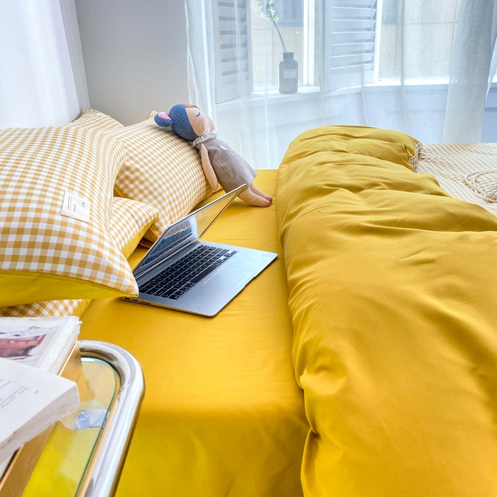 91家纺网 家纺一手货源 找家纺 雅阁尔家纺2025新款无印良品风棋盘格贴标四件套 黄小格