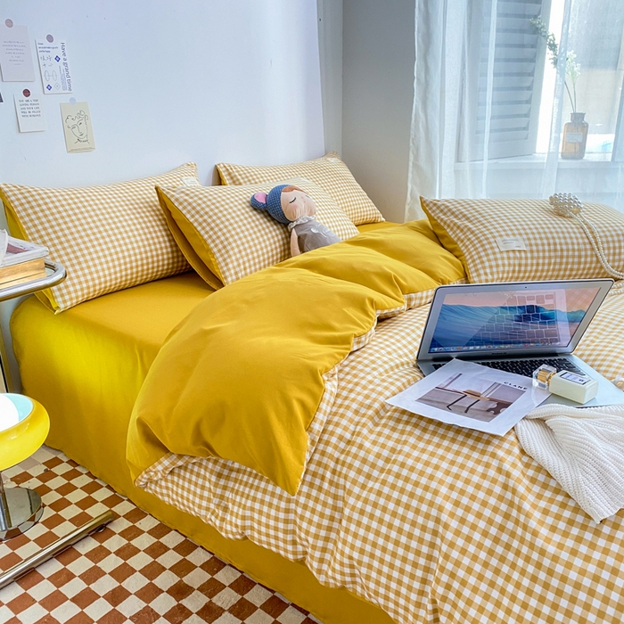 91家纺网 家纺一手货源 找家纺 雅阁尔家纺2025新款无印良品风棋盘格贴标四件套 黄小格