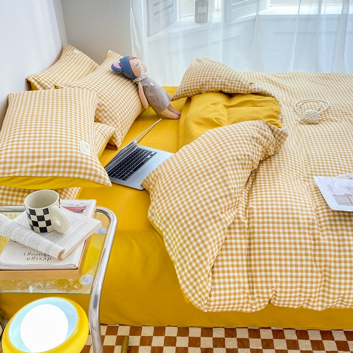 91家纺网 家纺一手货源 找家纺 雅阁尔家纺2025新款无印良品风棋盘格贴标四件套 黄小格