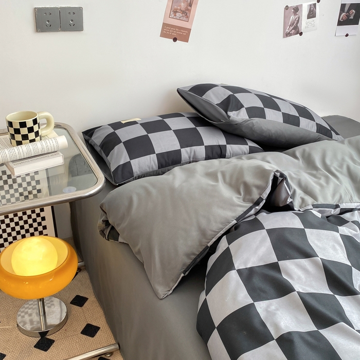 91家纺网 家纺一手货源 找家纺 雅阁尔家纺2025新款无印良品风棋盘格贴标四件套 灰白大格