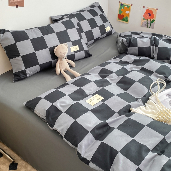 91家纺网 家纺一手货源 找家纺 雅阁尔家纺2025新款无印良品风棋盘格贴标四件套 灰白大格