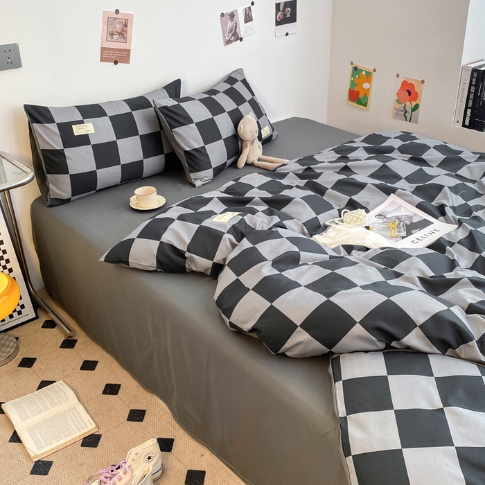 91家纺网 家纺一手货源 找家纺 雅阁尔家纺2025新款无印良品风棋盘格贴标四件套 灰白大格