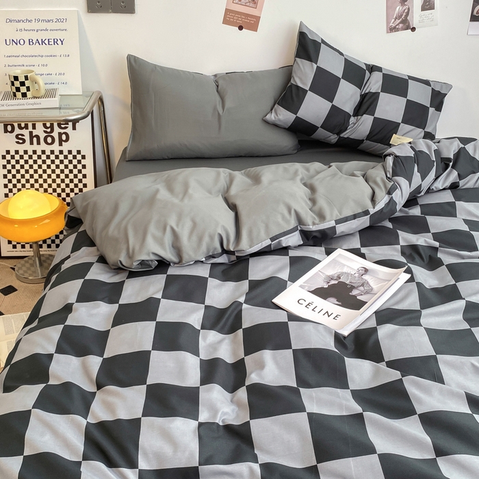 91家纺网 家纺一手货源 找家纺 雅阁尔家纺2025新款无印良品风棋盘格贴标四件套 灰白大格