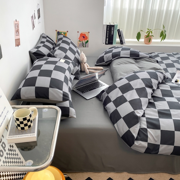 91家纺网 家纺一手货源 找家纺 雅阁尔家纺2025新款无印良品风棋盘格贴标四件套 灰白大格