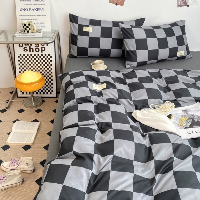 91家纺网 家纺一手货源 找家纺 雅阁尔家纺2025新款无印良品风棋盘格贴标四件套 灰白大格