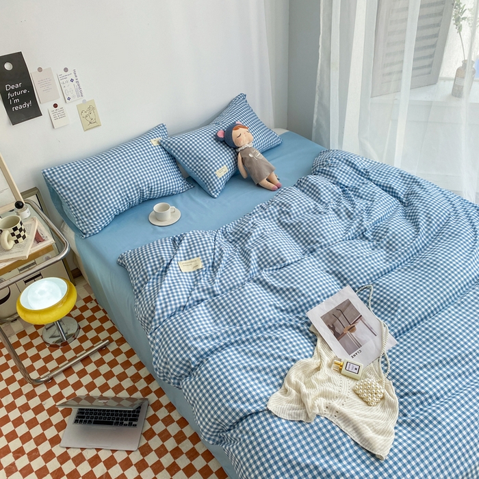 91家纺网 家纺一手货源 找家纺 雅阁尔家纺2025新款无印良品风棋盘格贴标四件套 蓝小格