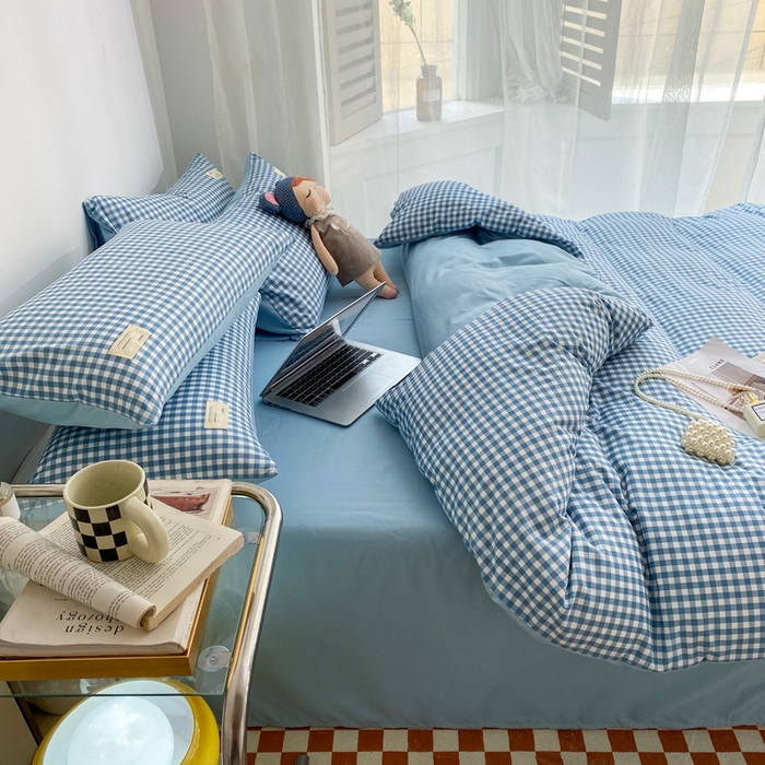 91家纺网 家纺一手货源 找家纺 雅阁尔家纺2025新款无印良品风棋盘格贴标四件套 蓝小格