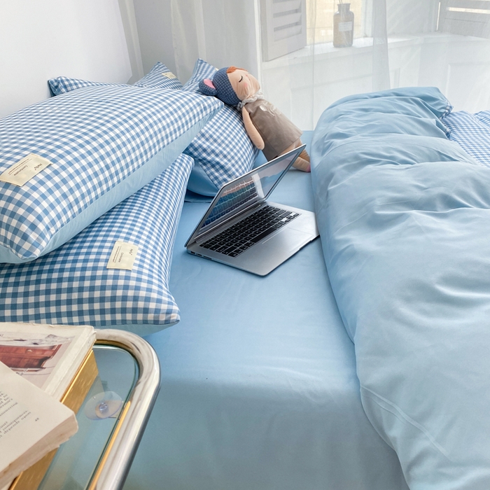 91家纺网 家纺一手货源 找家纺 雅阁尔家纺2025新款无印良品风棋盘格贴标四件套 蓝小格