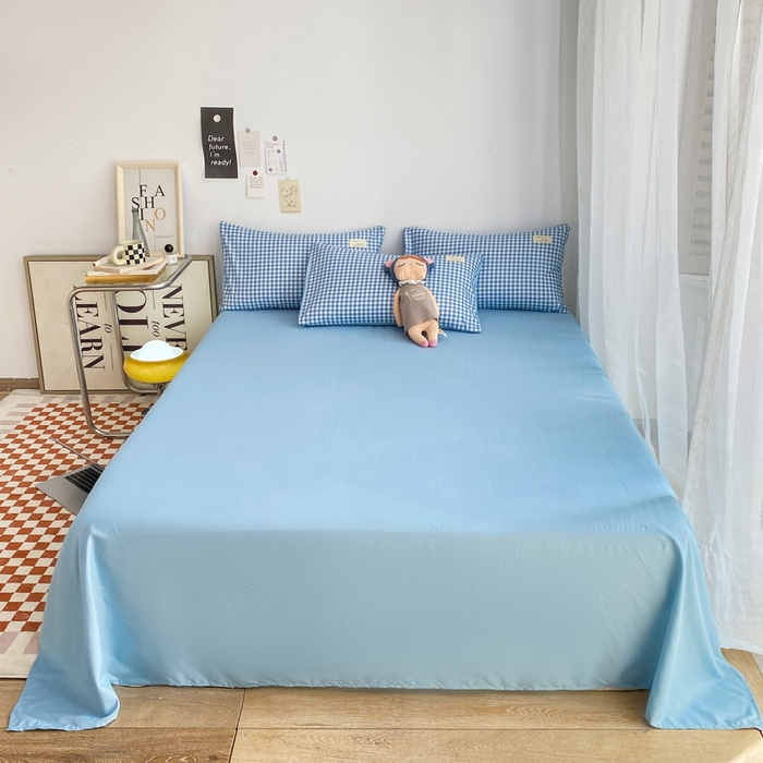 91家纺网 家纺一手货源 找家纺 雅阁尔家纺2025新款无印良品风棋盘格贴标四件套 蓝小格