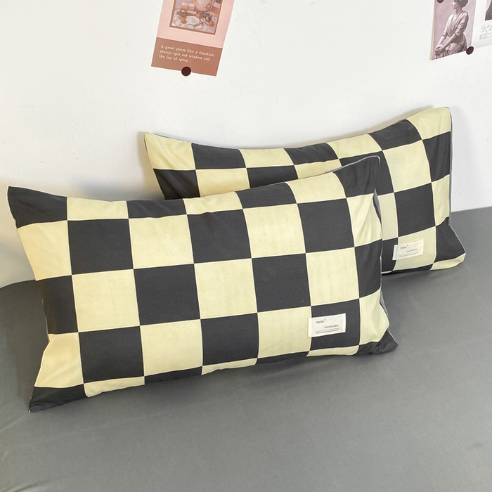 91家纺网 家纺一手货源 找家纺 雅阁尔家纺2025新款无印良品风棋盘格贴标四件套 米卡格