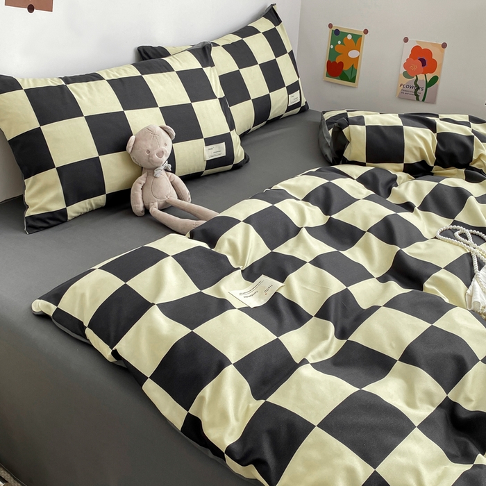 91家纺网 家纺一手货源 找家纺 雅阁尔家纺2025新款无印良品风棋盘格贴标四件套 米卡格