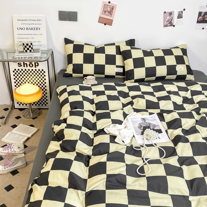 91家纺网 家纺一手货源 找家纺 雅阁尔家纺2025新款无印良品风棋盘格贴标四件套 米卡格