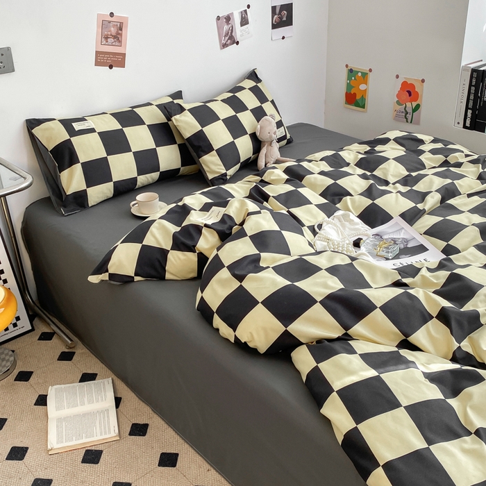 91家纺网 家纺一手货源 找家纺 雅阁尔家纺2025新款无印良品风棋盘格贴标四件套 米卡格