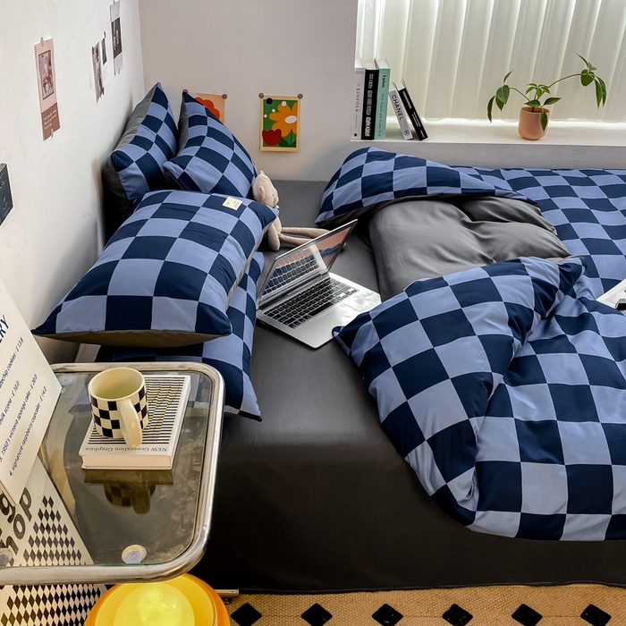 91家纺网 家纺一手货源 找家纺 雅阁尔家纺2025新款无印良品风棋盘格贴标四件套 米兰大格