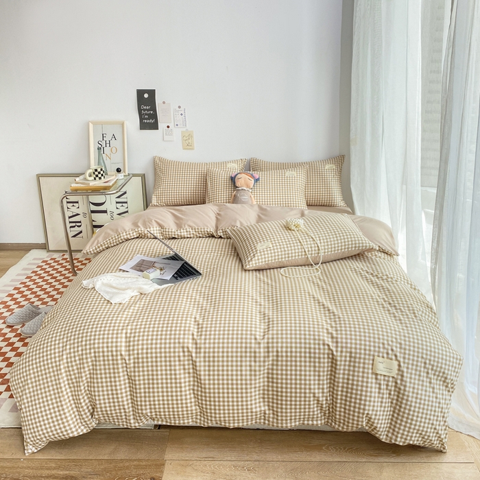 91家纺网 家纺一手货源 找家纺 雅阁尔家纺2025新款无印良品风棋盘格贴标四件套 米小格