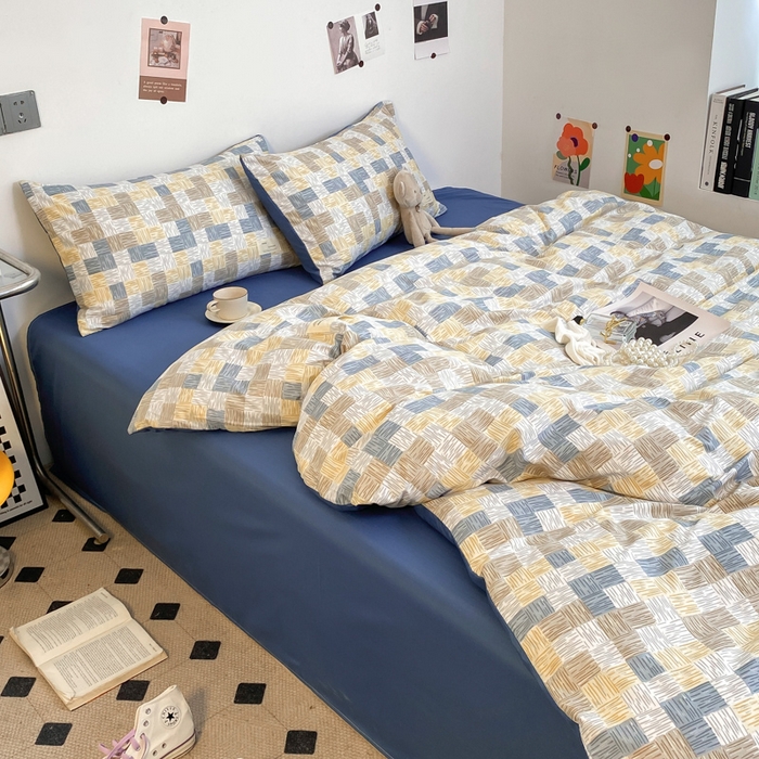 91家纺网 家纺一手货源 找家纺 雅阁尔家纺2025新款无印良品风棋盘格贴标四件套 魔方格