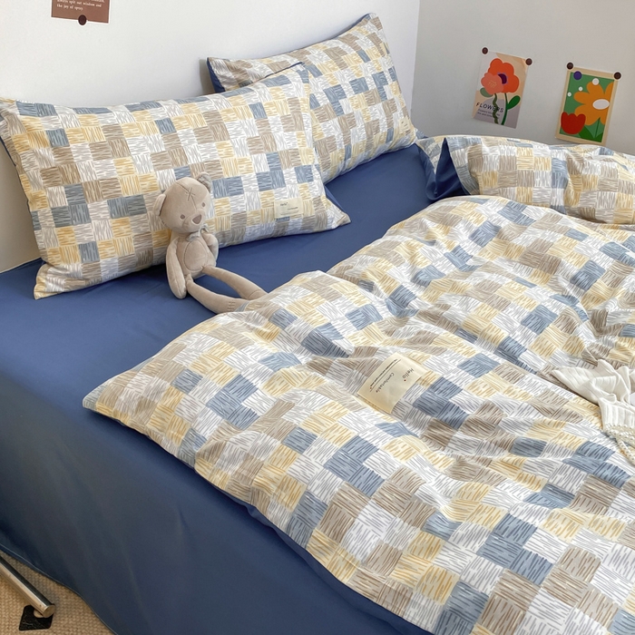 91家纺网 家纺一手货源 找家纺 雅阁尔家纺2025新款无印良品风棋盘格贴标四件套 魔方格