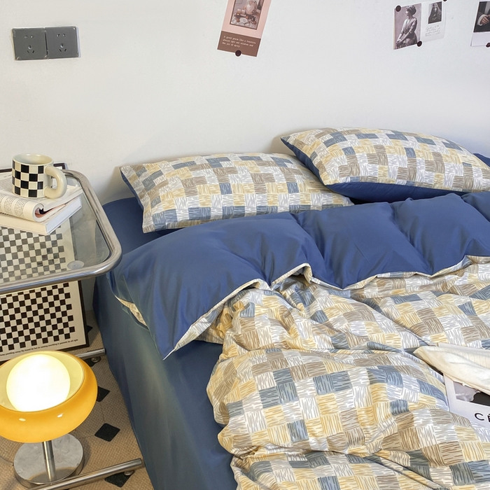 91家纺网 家纺一手货源 找家纺 雅阁尔家纺2025新款无印良品风棋盘格贴标四件套 魔方格